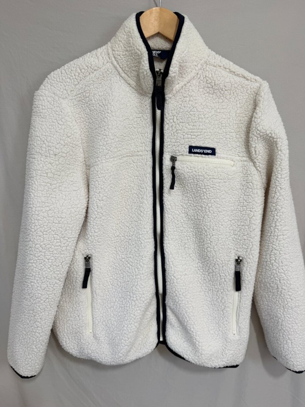 Lands' End Cream Sherpa Fleece Jacket Teddy Full Zip Black Trim Medium